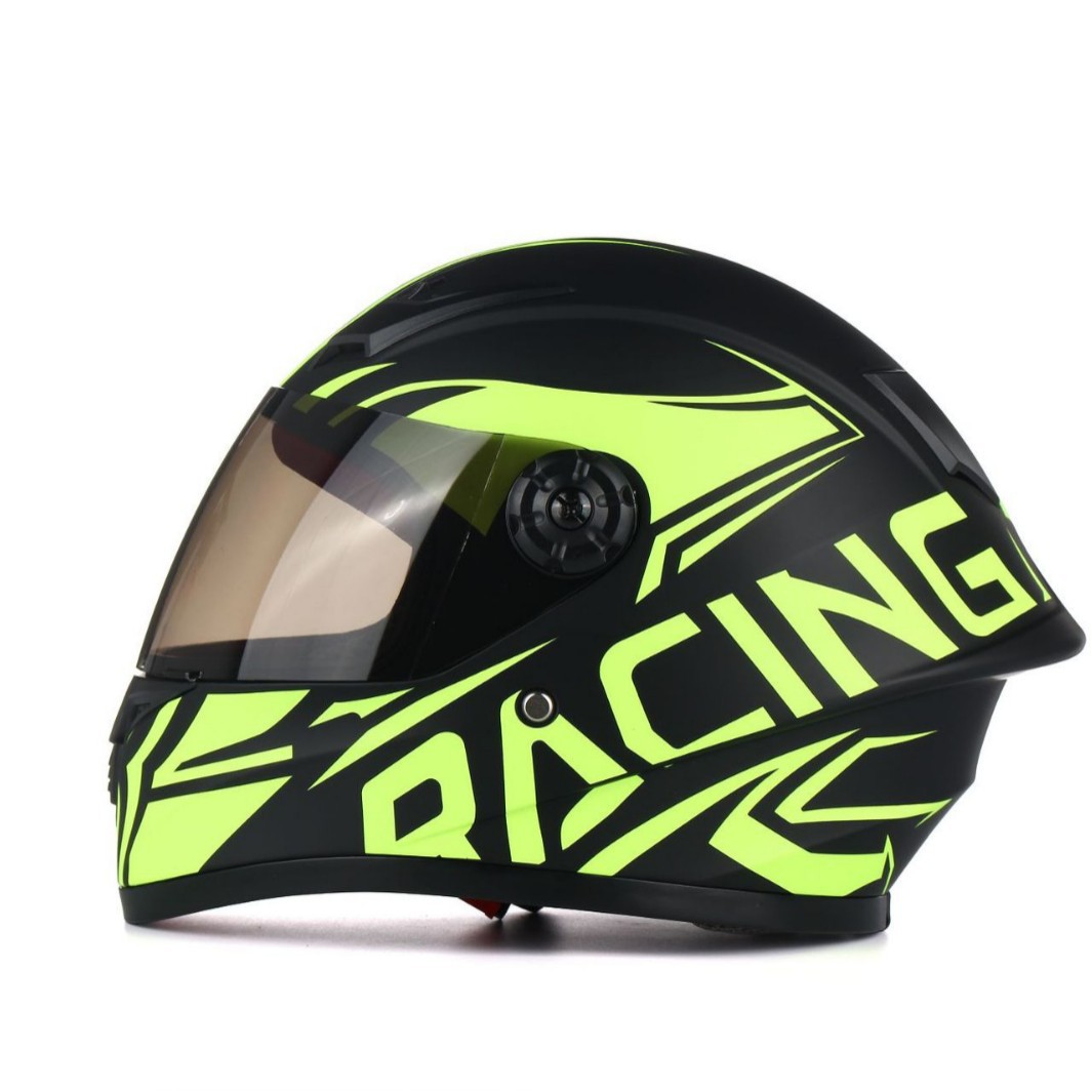 Matte-black full-face motorcycle helmet with neon-yellow graphics